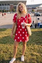 Orange White Gameday Polka Dot Puff Sleeve Dress