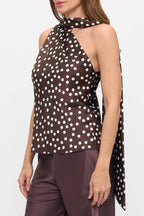 BROWN Made in USA One Shoulder Polka Dot  Top w Scarf