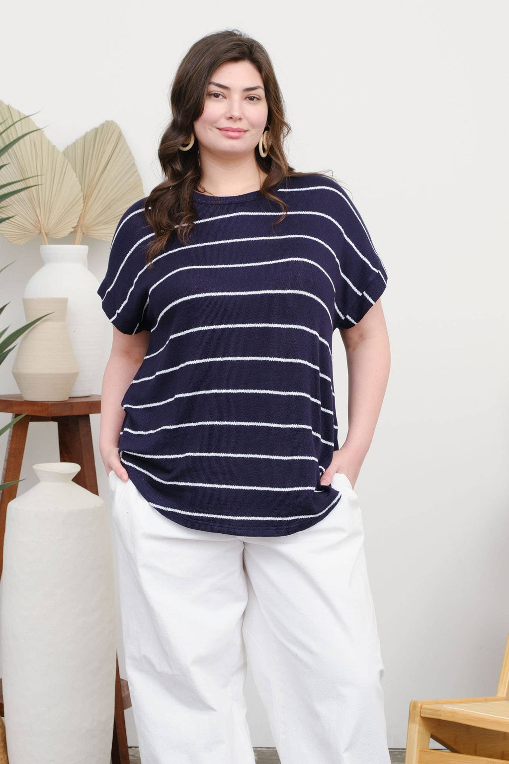 PLUS STRIPE ROUND NECK SHORT CUFF SLEEVE KNIT TOP : NAVY