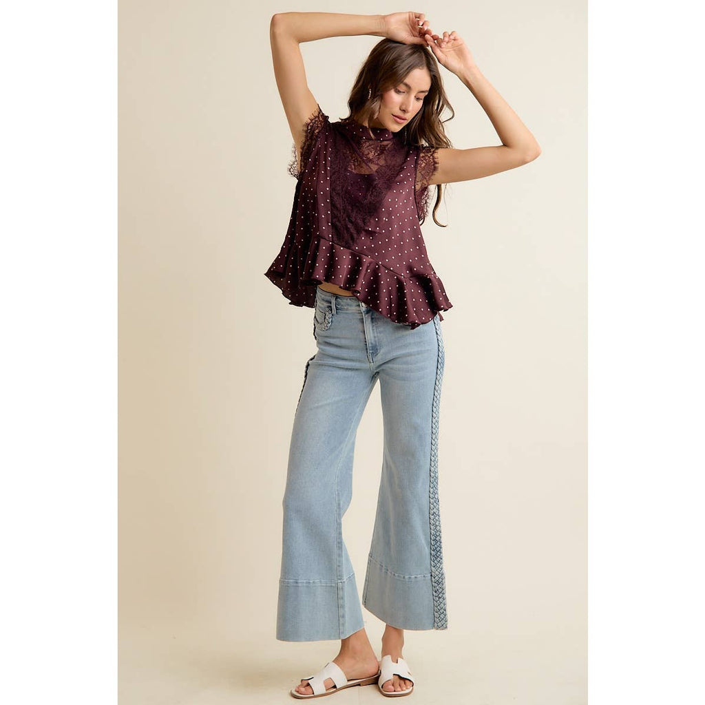 WINE POLKA DOT SATIN LACE TRIM RUFFLED HIGH NECK BLOUSE TOP