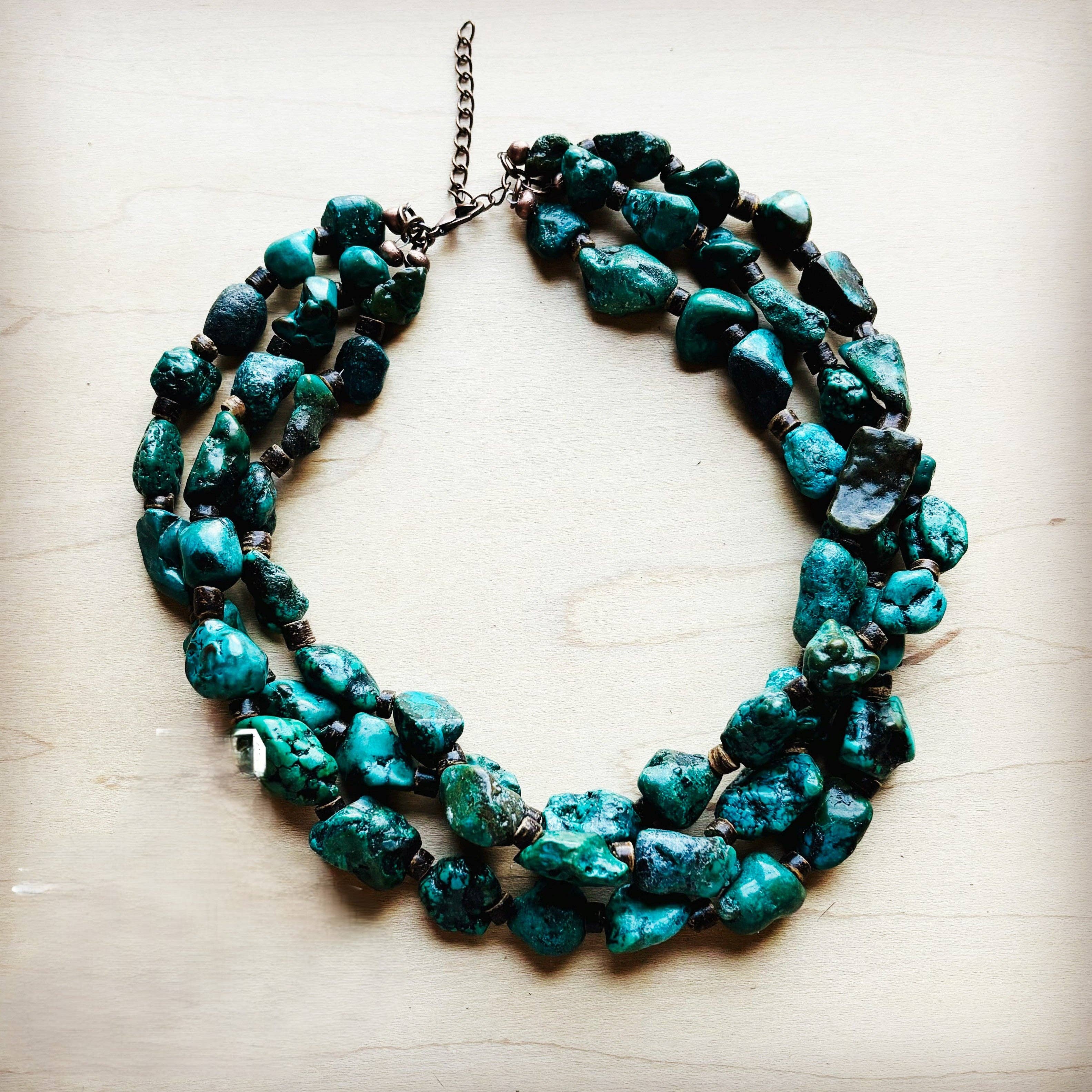 **Large Triple Strand Natural Turqu & Wood Collar Necklace