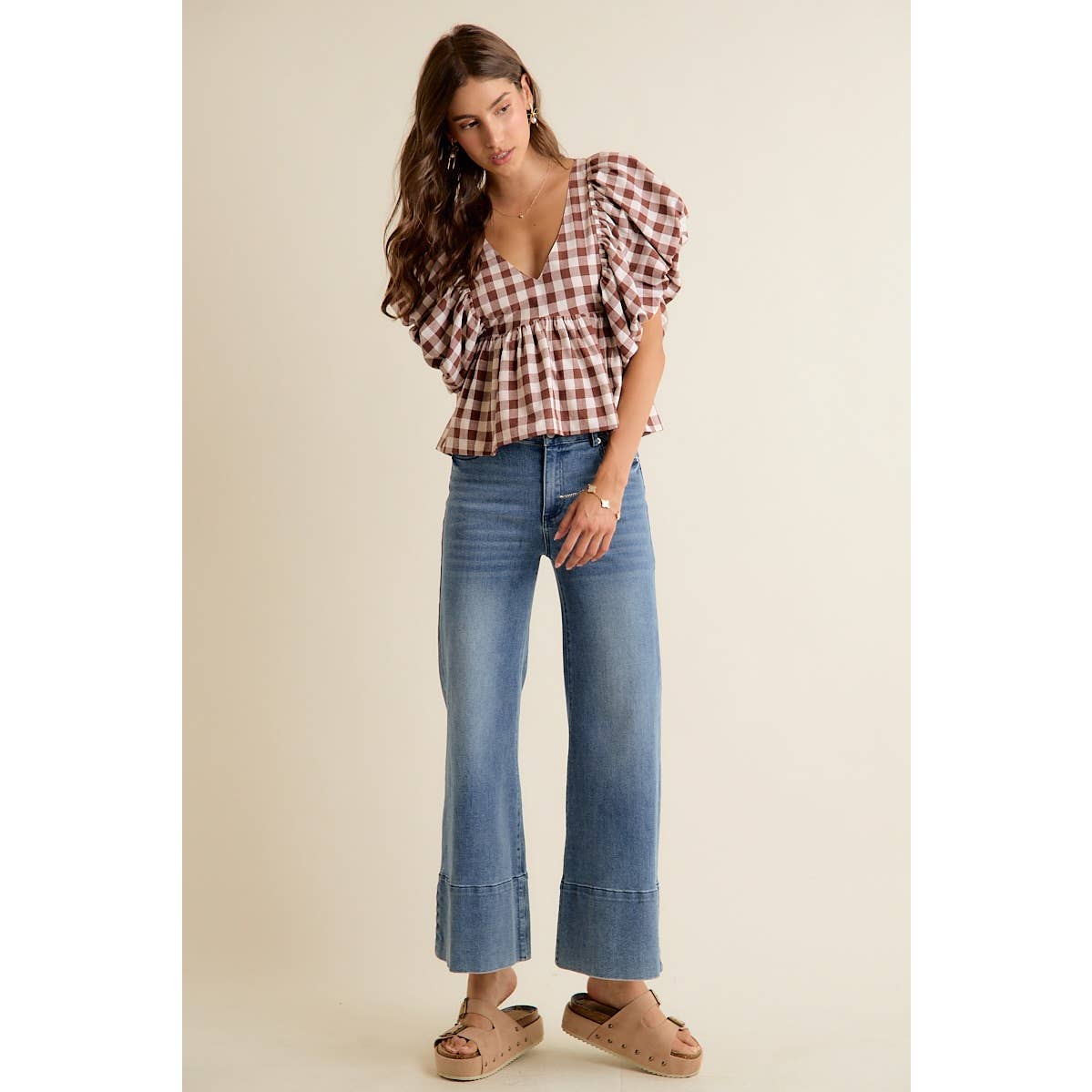 BROWN GINGHAM BUBBLE SLEEVES BACK SMOCKED BLOUSE TOP
