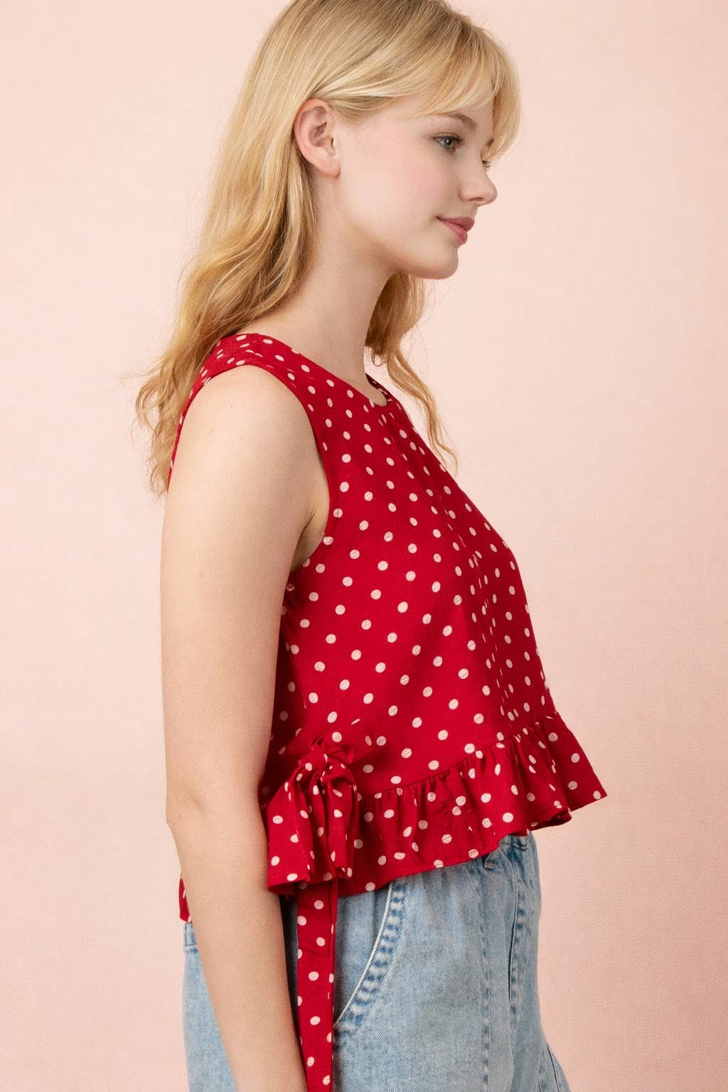 RED DOT-Side Tie Detail Ruffled Top