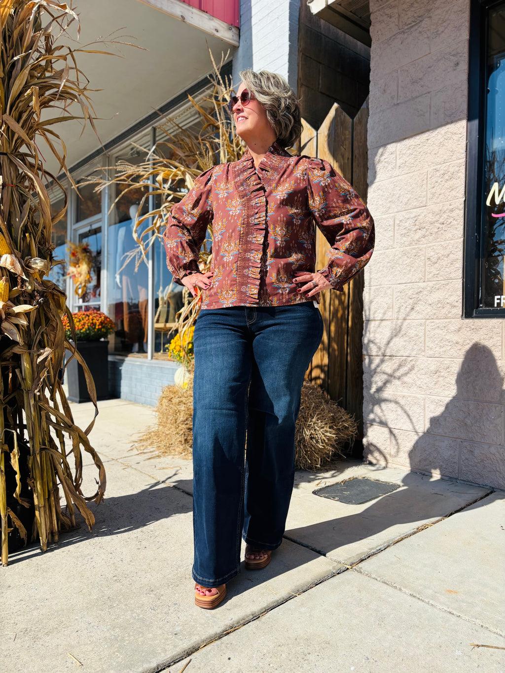 BROWN RUFFLE ACCENT BOHO TOP