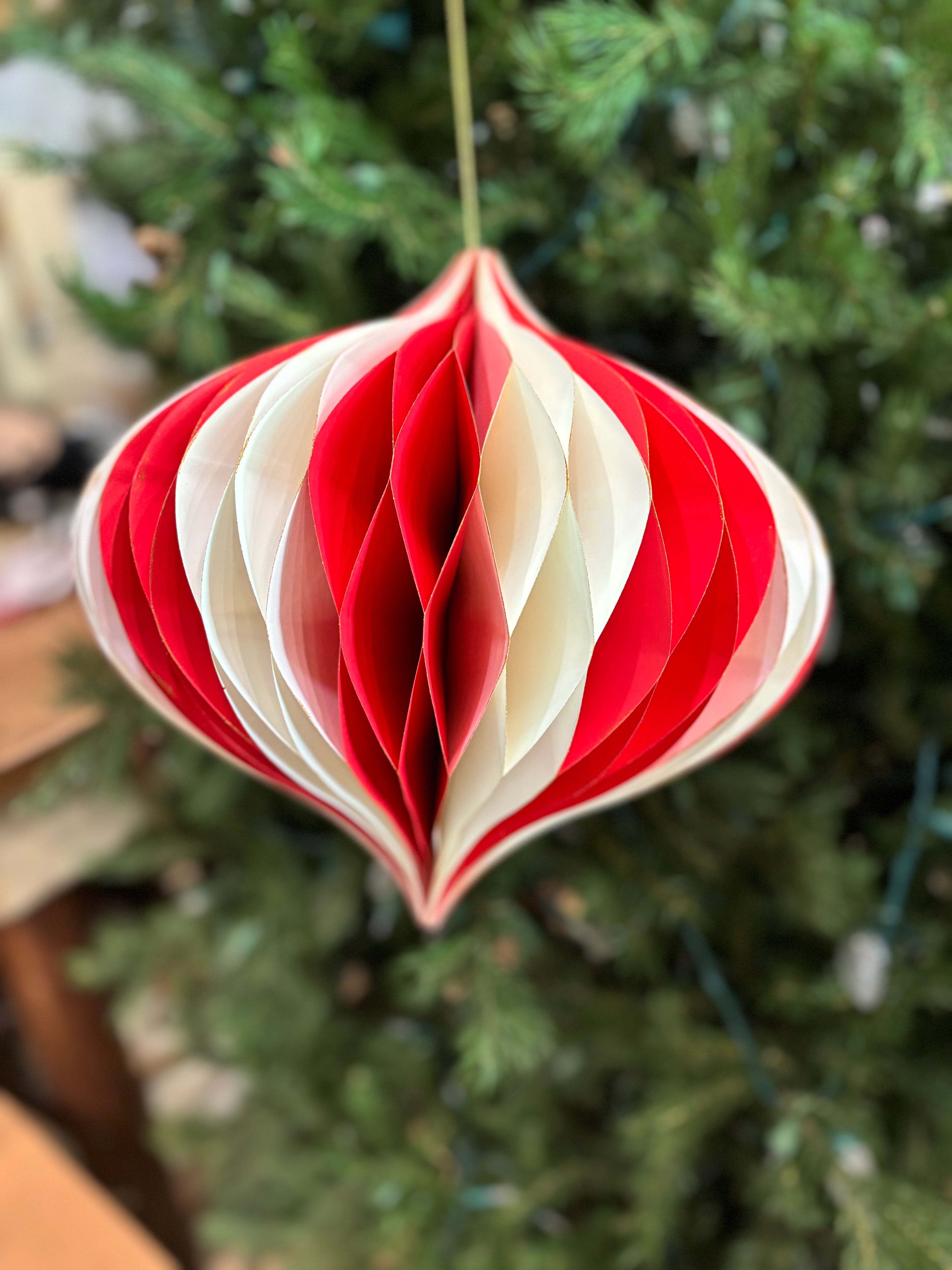 12' PAPER GLITTER CREAM/RED HONEYCOMB ORN.