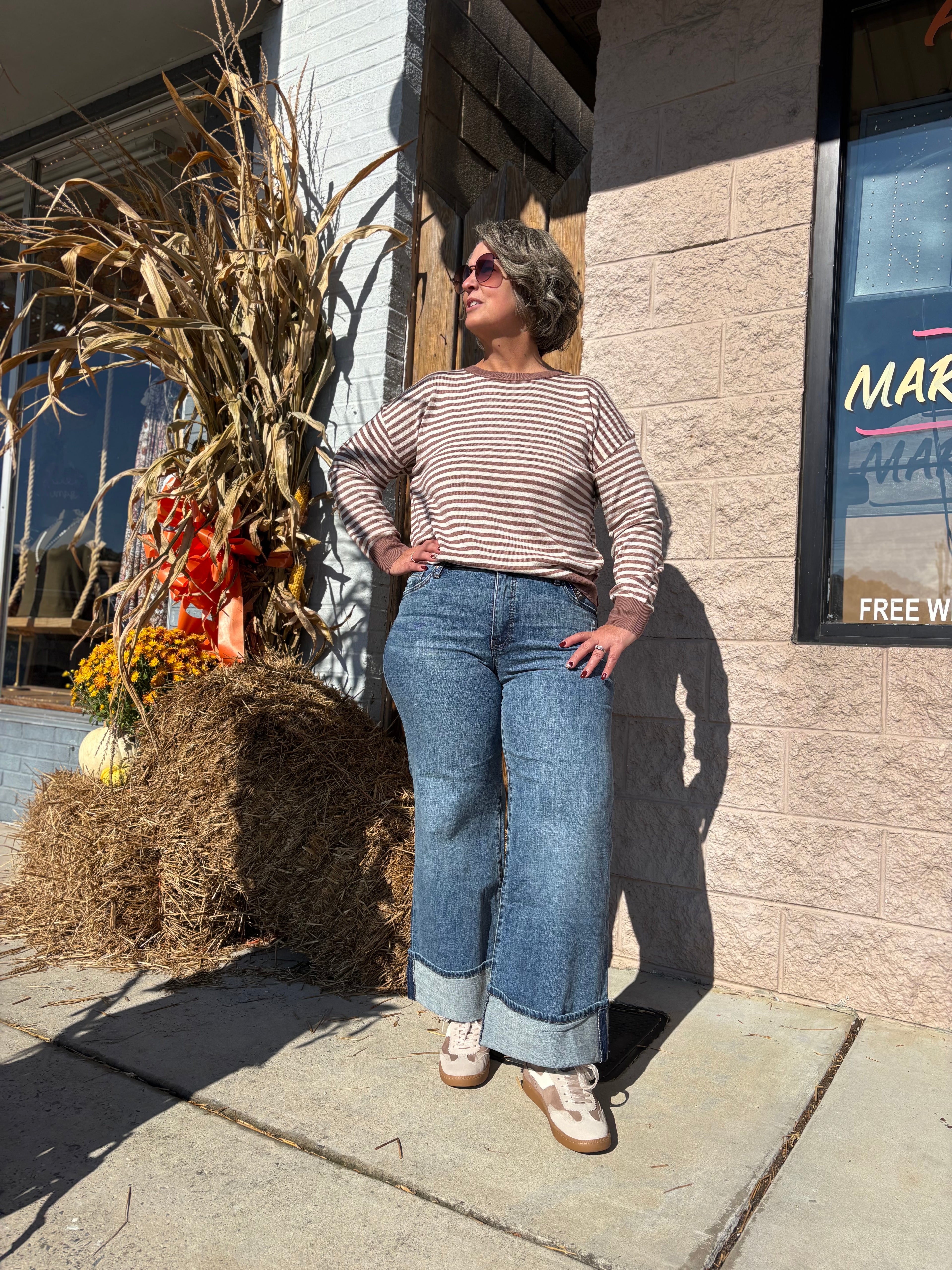 BROWN/CREAM STRIPED LONG SLEEVE SWEATER TOP