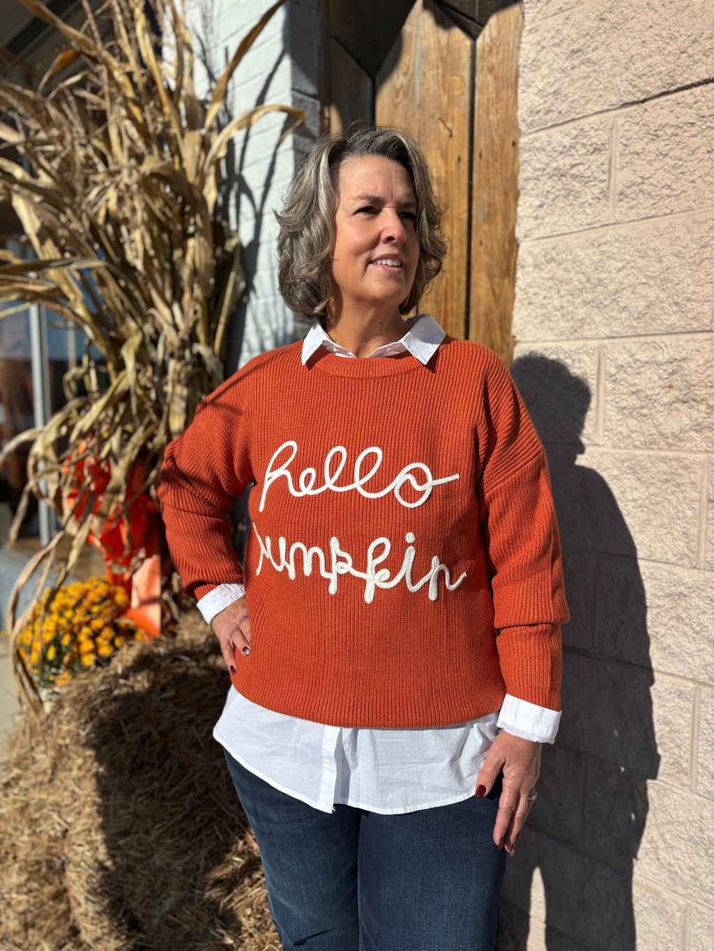 Hello Pumpkin Letter Graphic Sweater