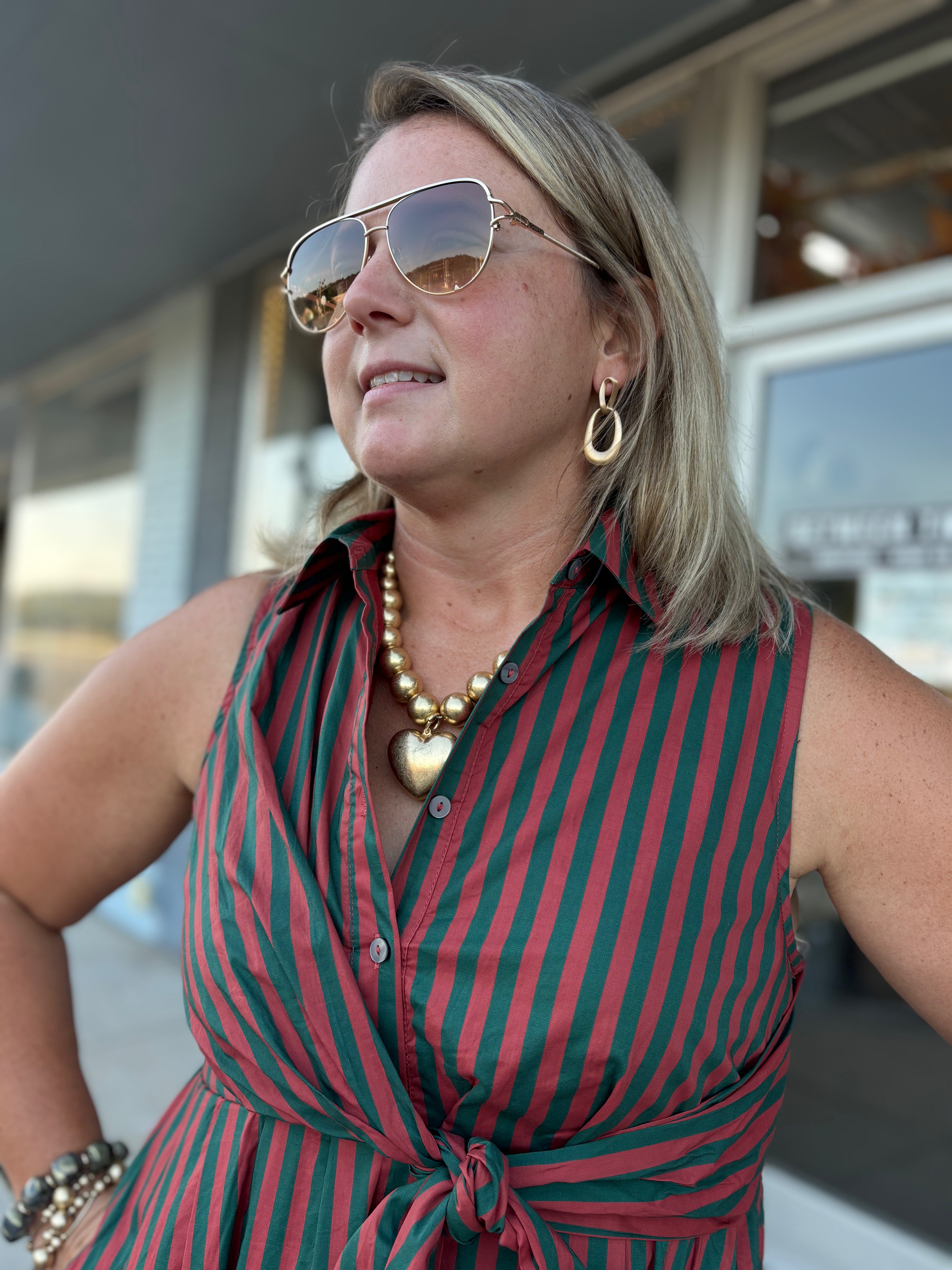 Hunter Green/Rust Striped Sleeveless Dress – ENTRO – view 2