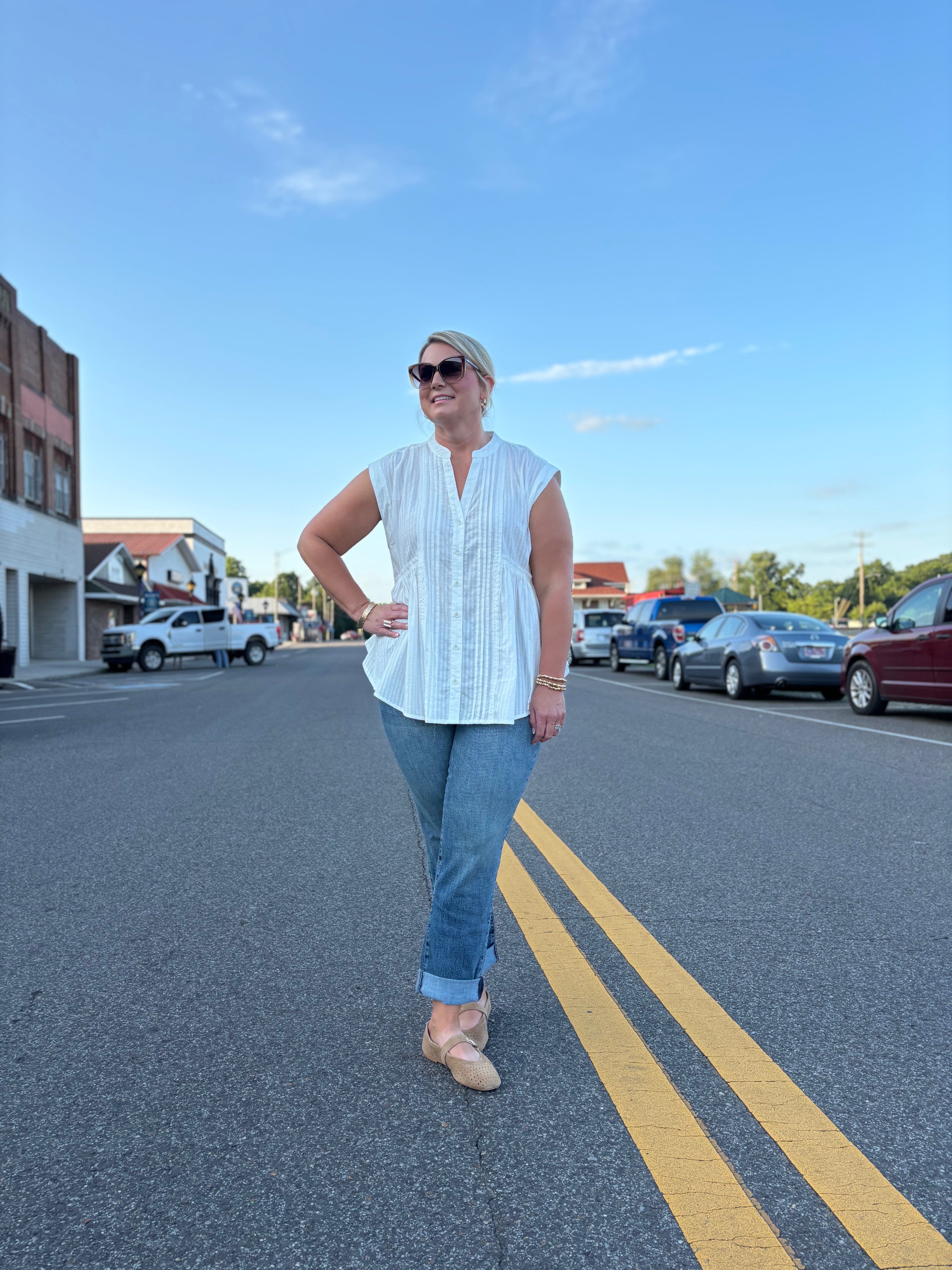 White Ease in Mind Textured Cotton Pleated Tunic Button-Down Shirt