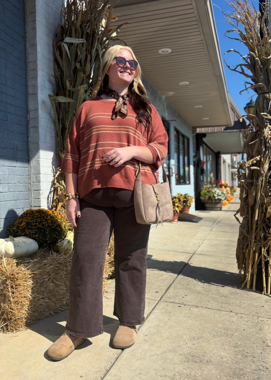 [PLUS] RUST OVER SIZED DROP SHOULDER STRIPED SWEATER