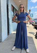 NAVY SHORT SL TOP & WIDE LEG PANT SET