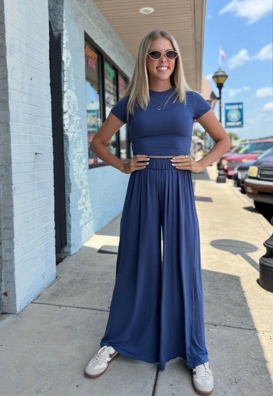 NAVY SHORT SL TOP & WIDE LEG PANT SET