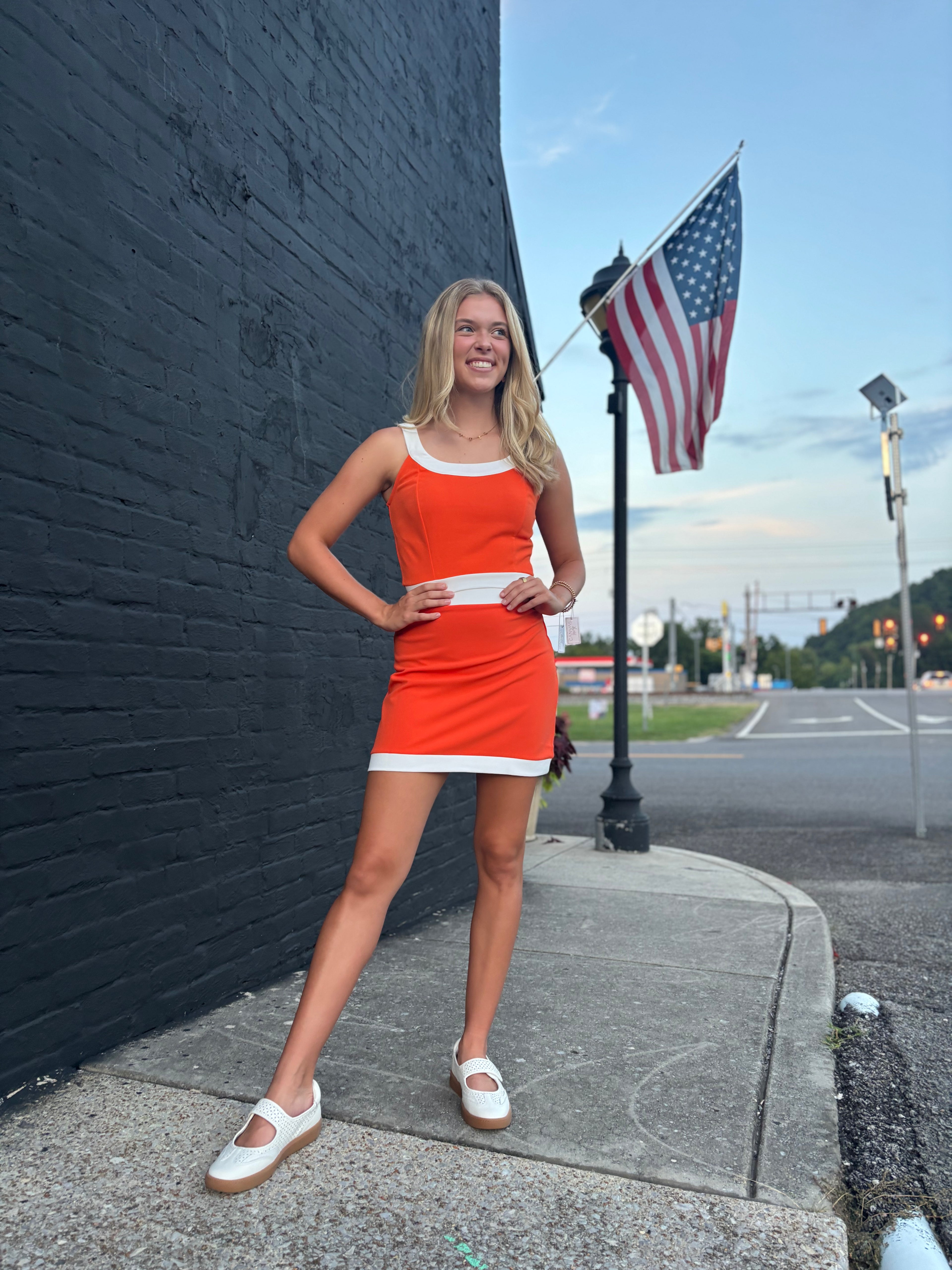 Orange/White Game Day Retro Contrast Trim Two-Piece Skirt Set