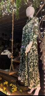 Olive/ Ivory 2 tone Print Satin Collared 3/4 Sleeve Maxi Dress