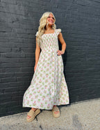 FLORAL TILE PATTERN SMOCKED SLEEVELESS MIDI DRESS: PINK MULTI