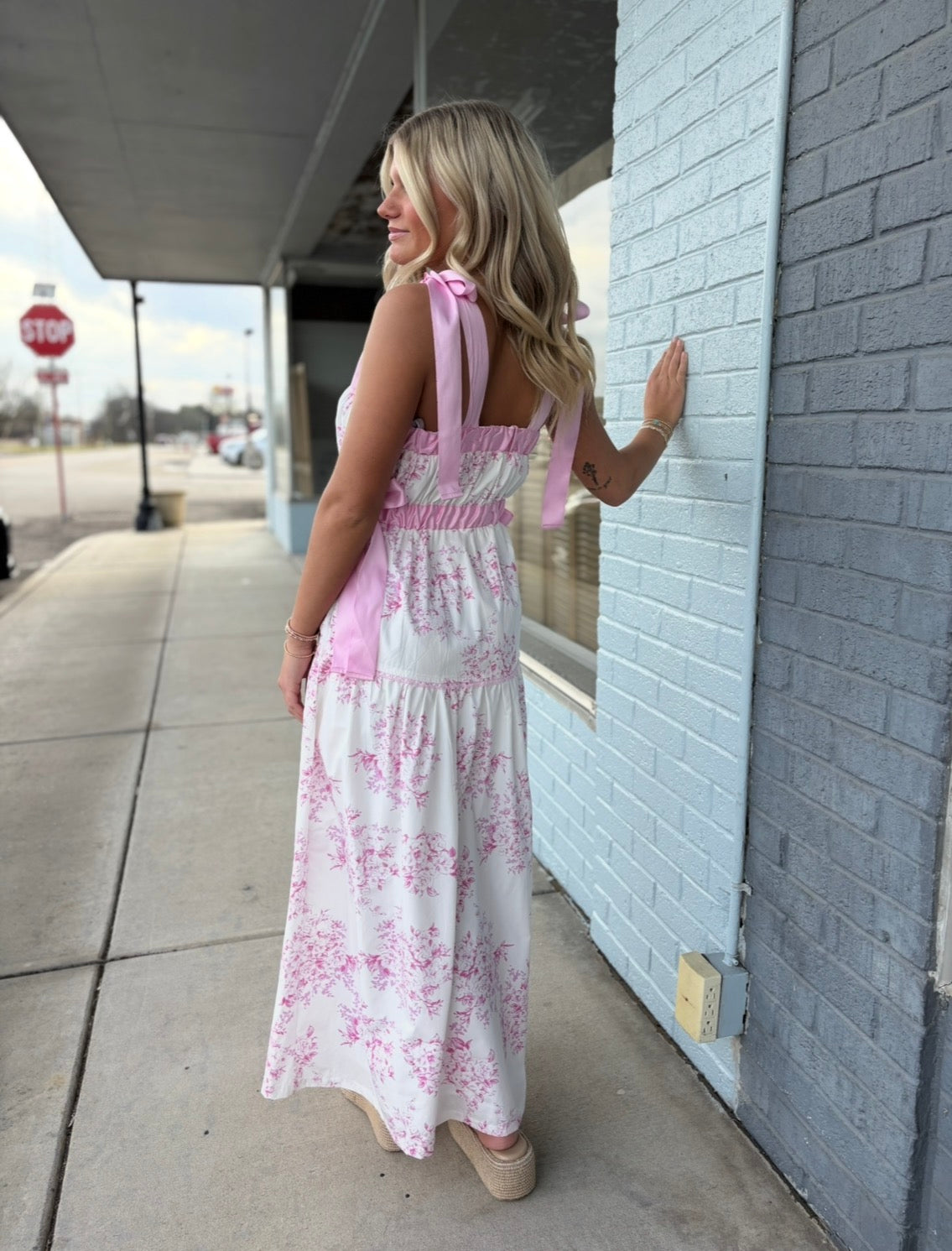 Floral Toile Ribbon Strap Maxi Dress