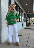 GRREN/WHITE Oversized Striped Knit Short Sleeve Top