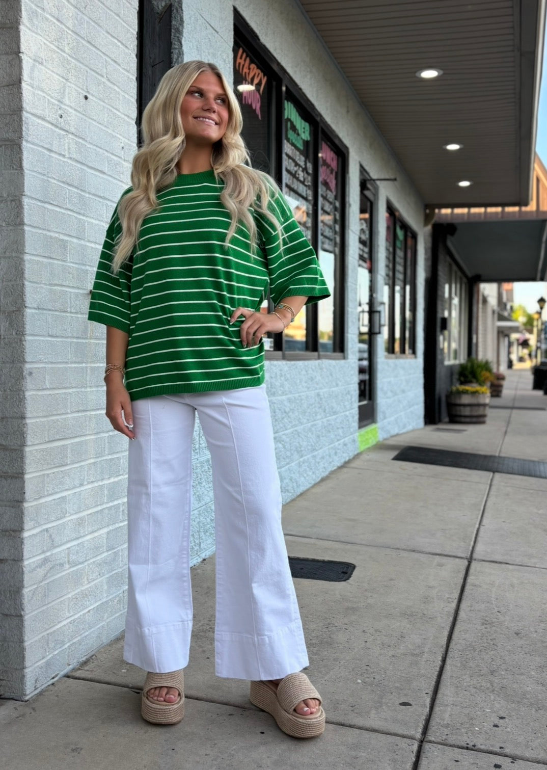 GRREN/WHITE Oversized Striped Knit Short Sleeve Top