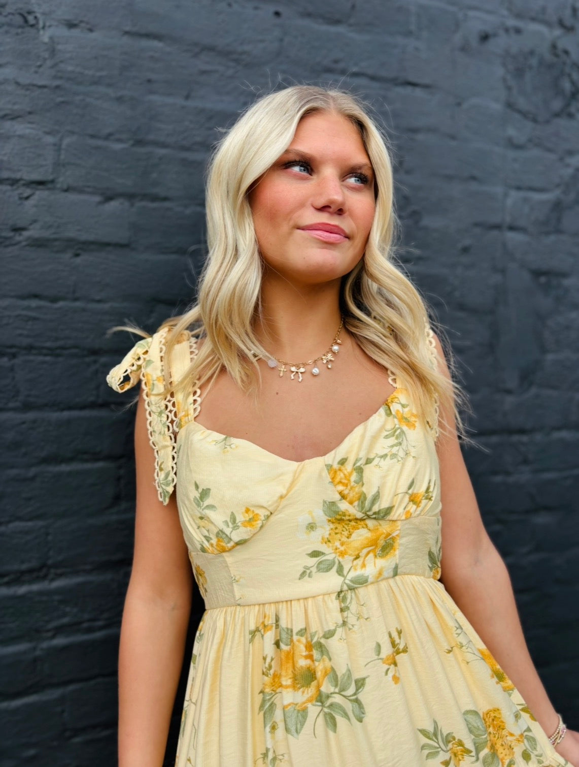 FLORAL TIE STRAP WITH SCALLOP LACE TRIM MIDI DRESS : BUTTER YELLOW MUL BETWEEN THE VINES FLORAL TIE STRAP WITH SCALLOP LACE TRIM MIDI DRESS : BUTTER YELLOW MUL BETWEEN THE VINES
