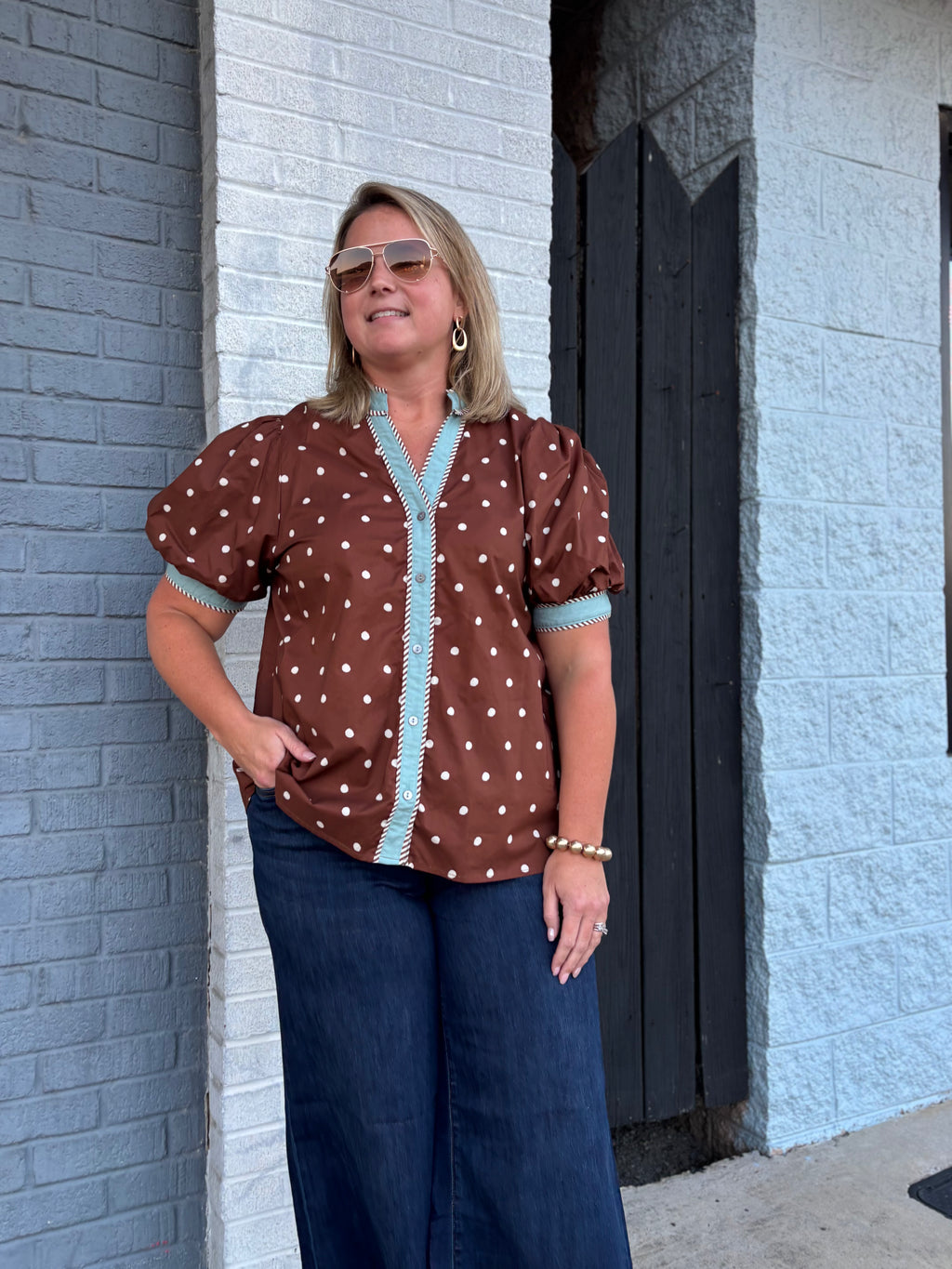 Chocolate/Turquoise polka dot top – ENTRO