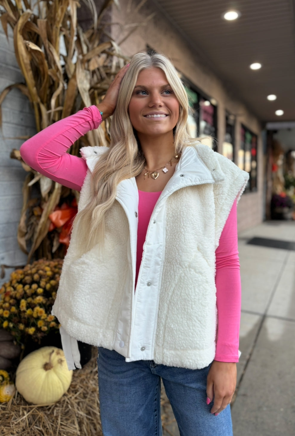 WHITE Cozy Sherpa Vest Jacket with Tie-Up Side Details