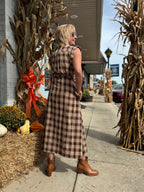 BROWN SLEEVELESS BUTTON DOWN MAXI DRESS WITH BELT