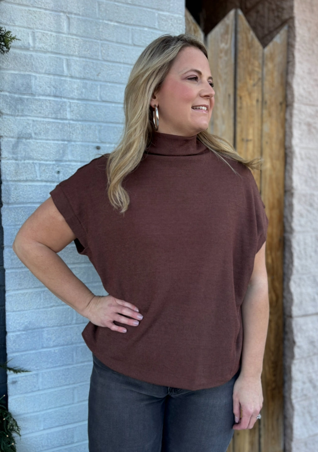 Brown Short Sleeve Mock Neck Blouse