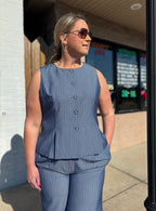 DENIM WHITE STRIPED BUTTON DOWN VEST