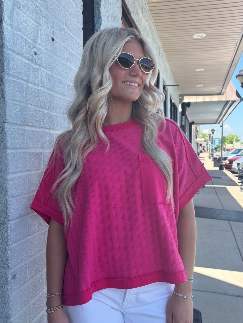 Fuchsia Dolman Sleeve Textured Knit Casual Top