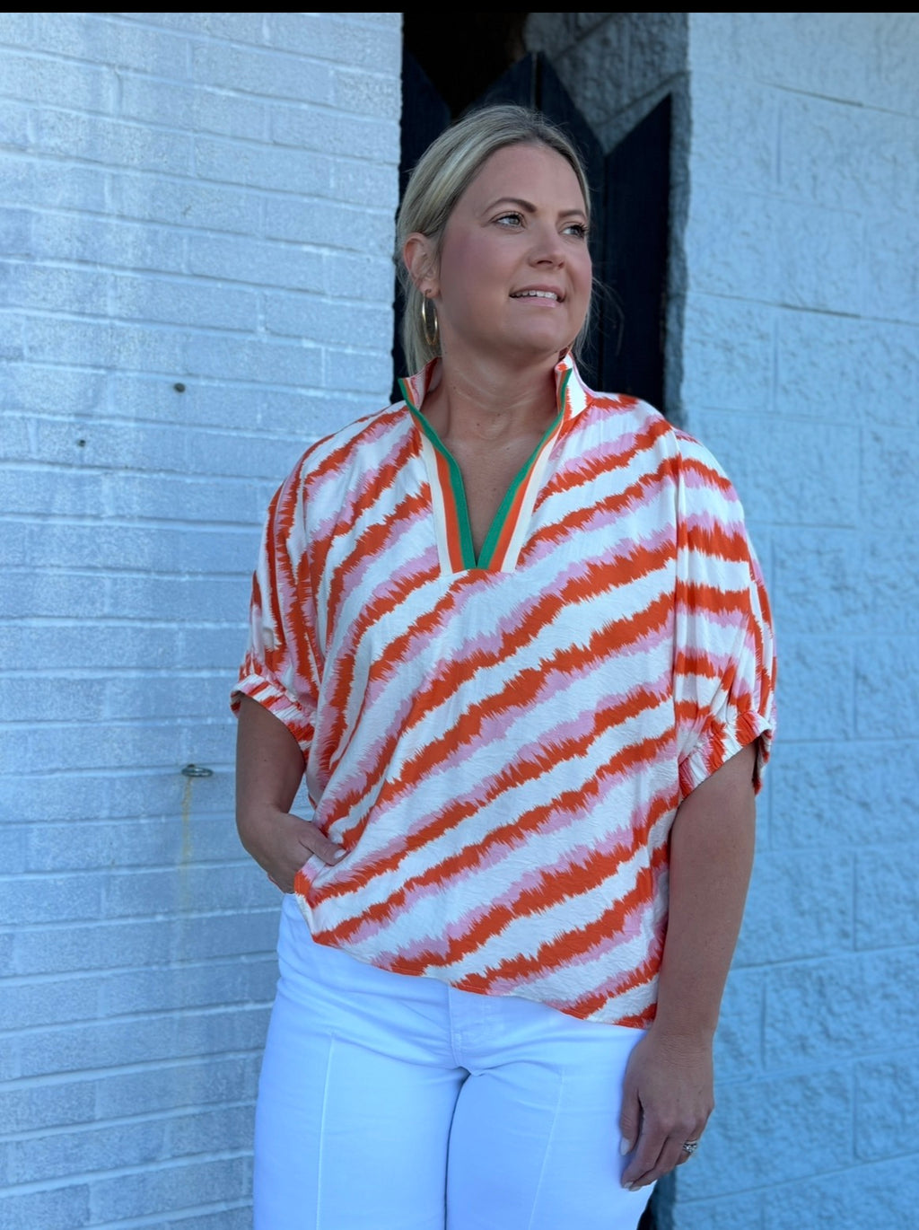 Orange/White Stripe Blouse W/Green Accent