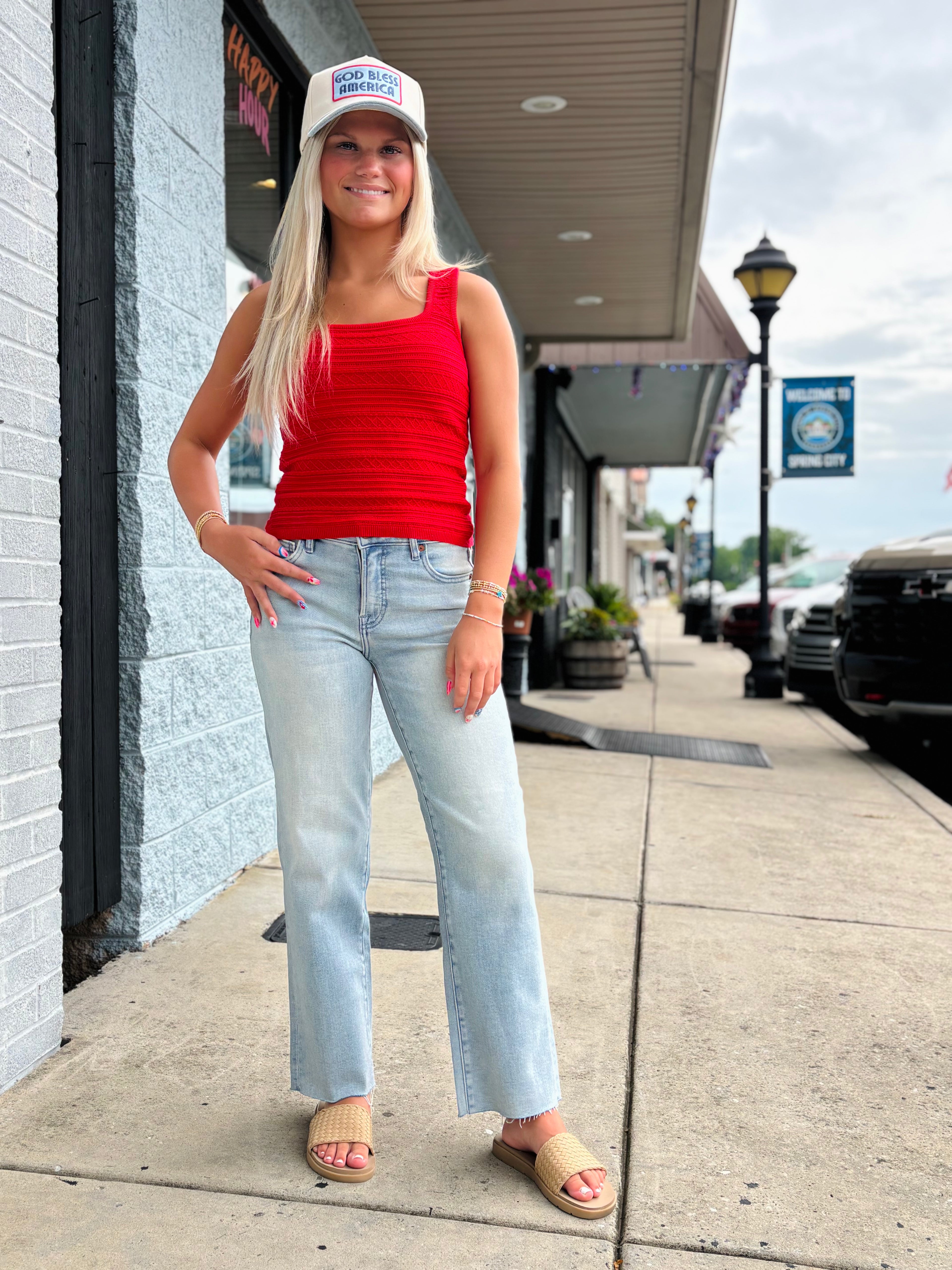 RED Textured Sleeveless Scoop Neck Knit Top