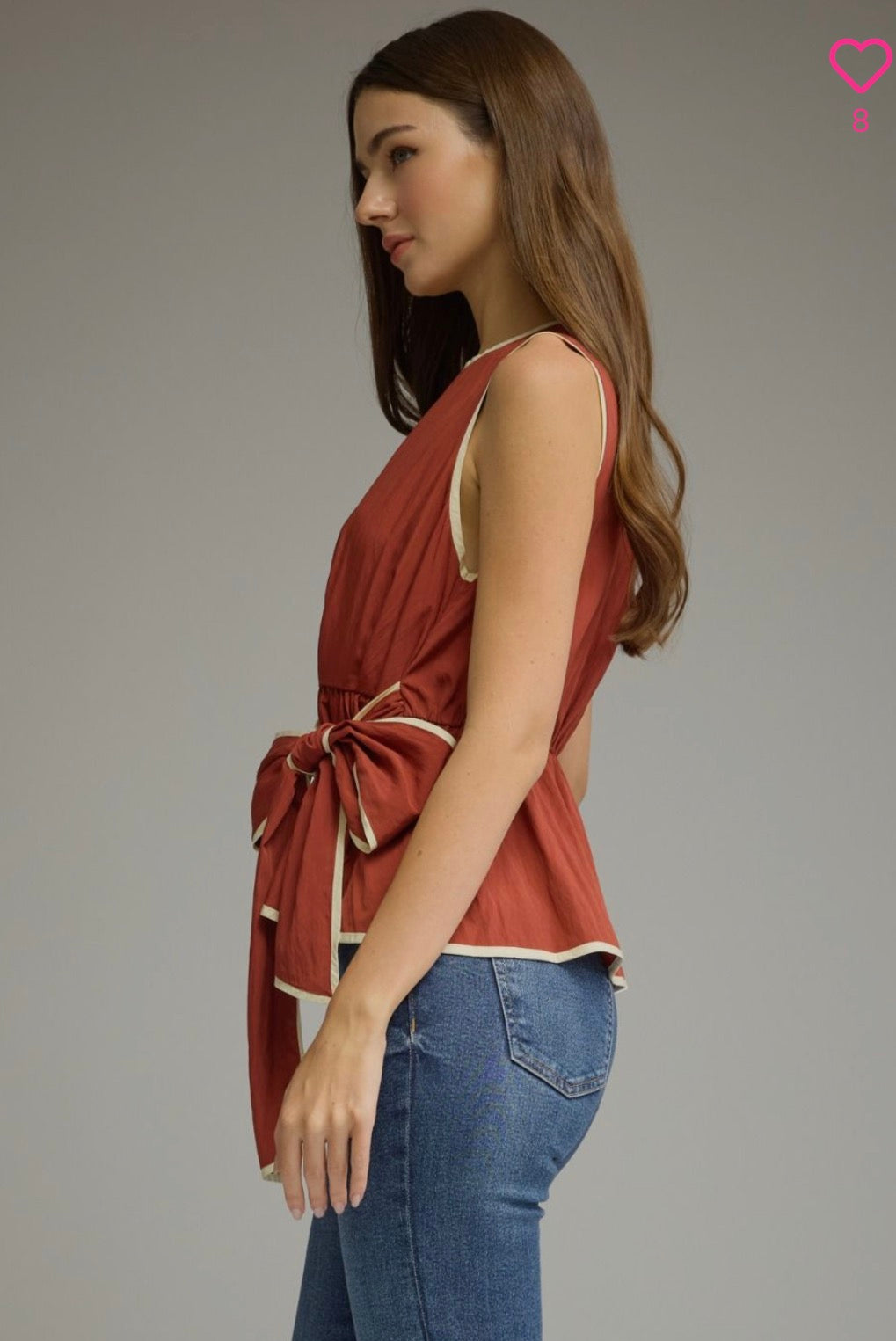 BRICK SLEEVELESS BOW DETAIL TIE WAIST TOP