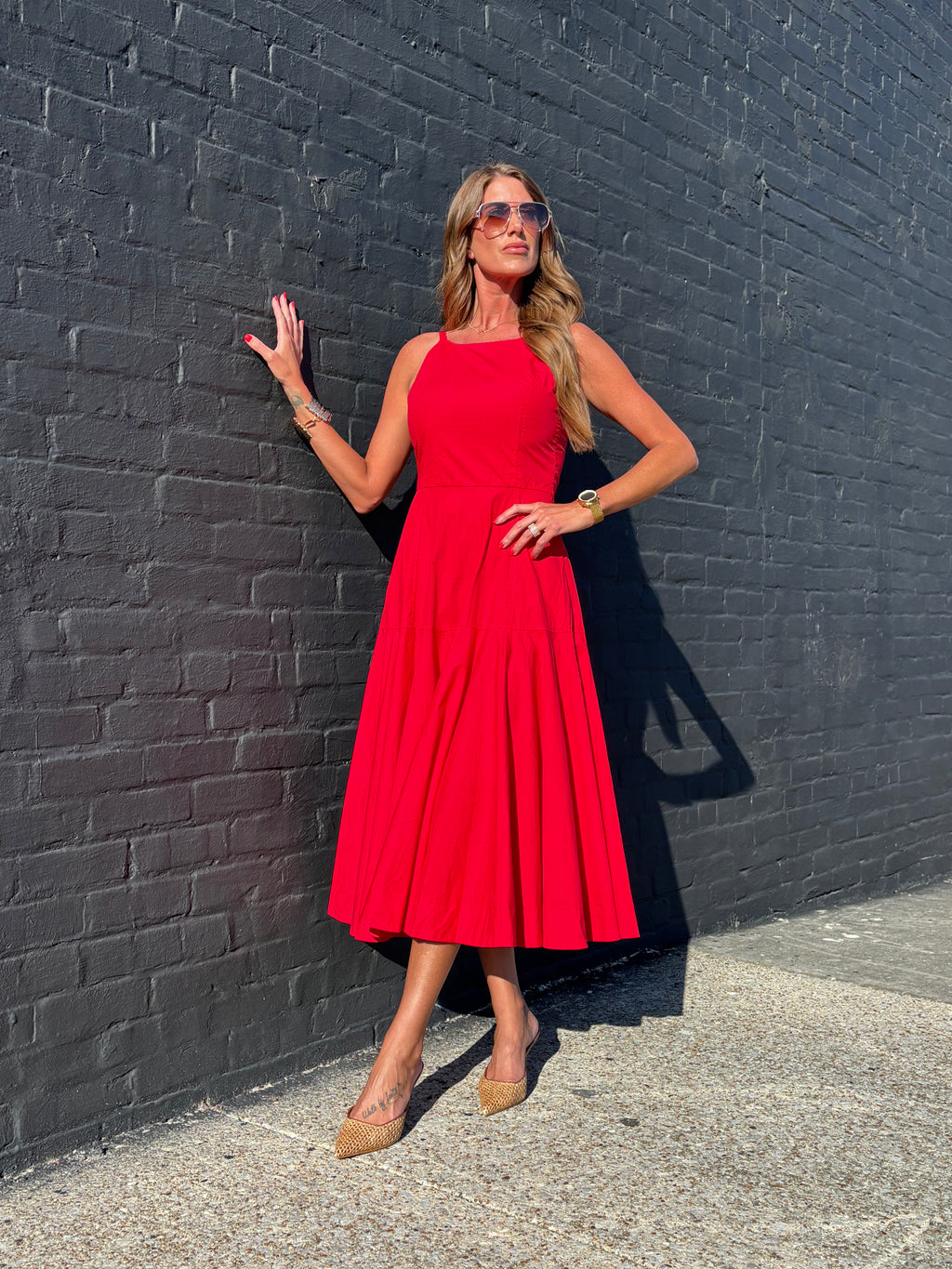 HALTER NECK A-LINE MIDI DRESS Red
