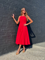 HALTER NECK A-LINE MIDI DRESS Red