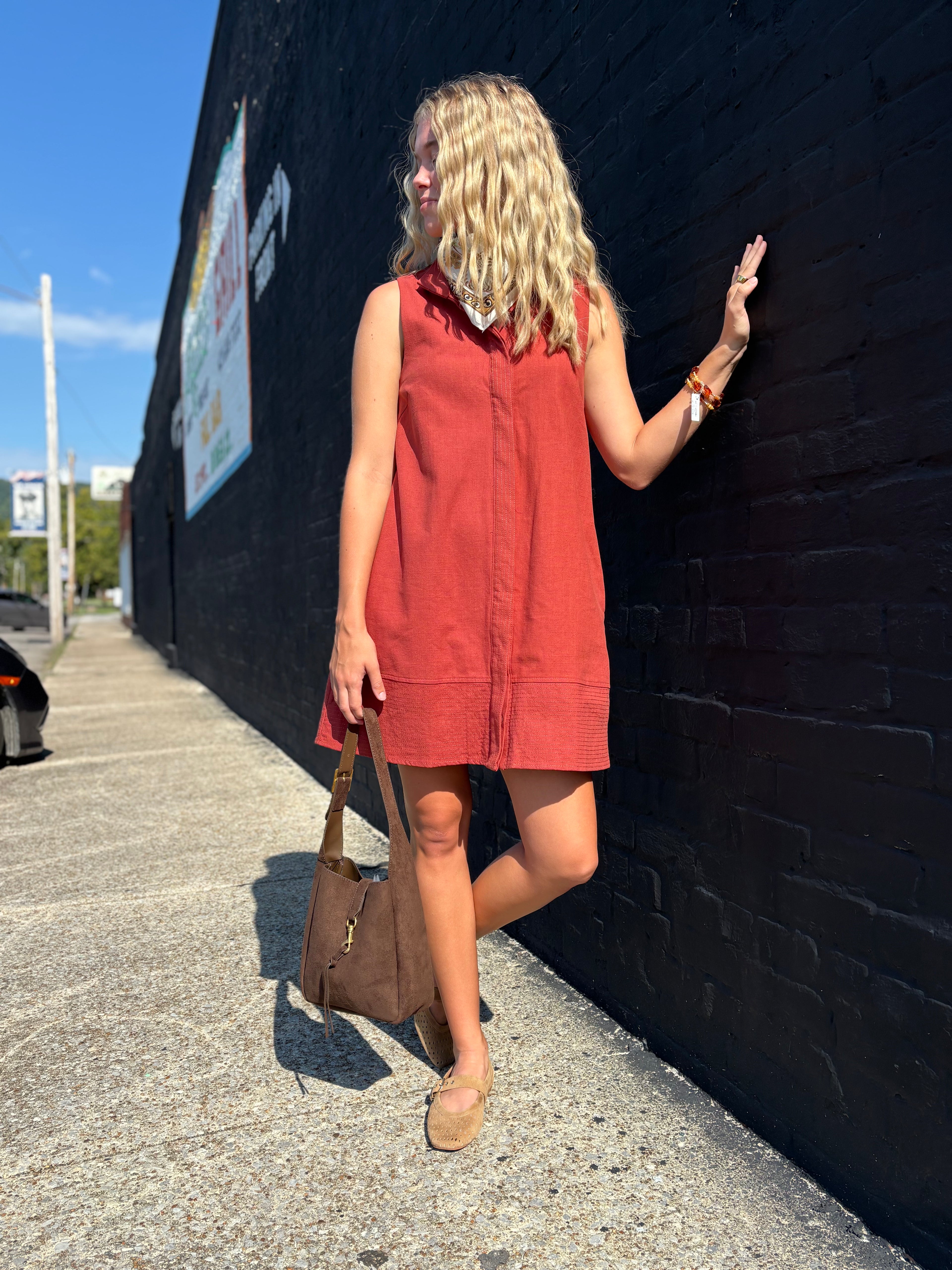 Terracotta sleeveless shift dress