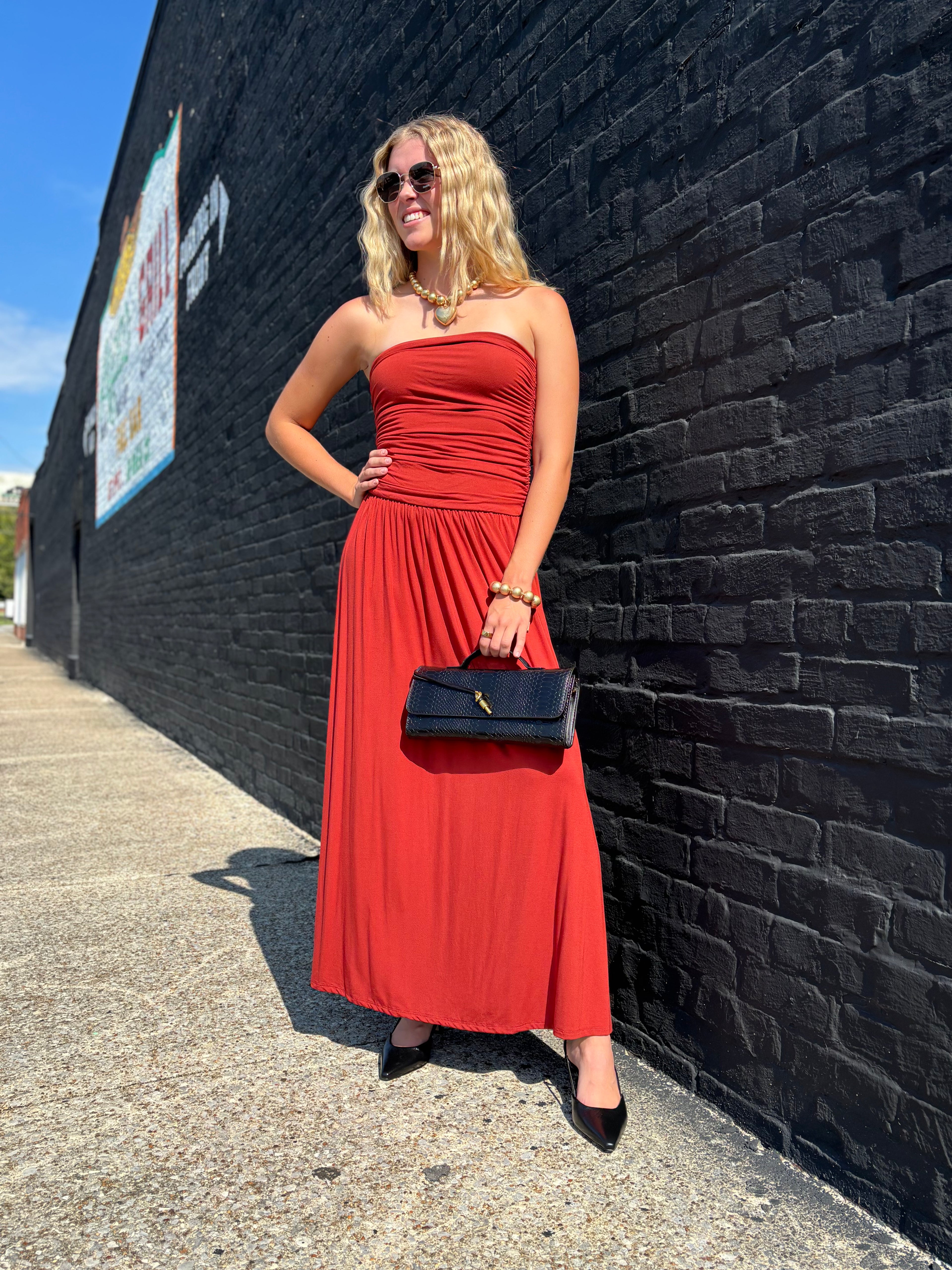 BRICK Strapless Ruched Maxi Dress