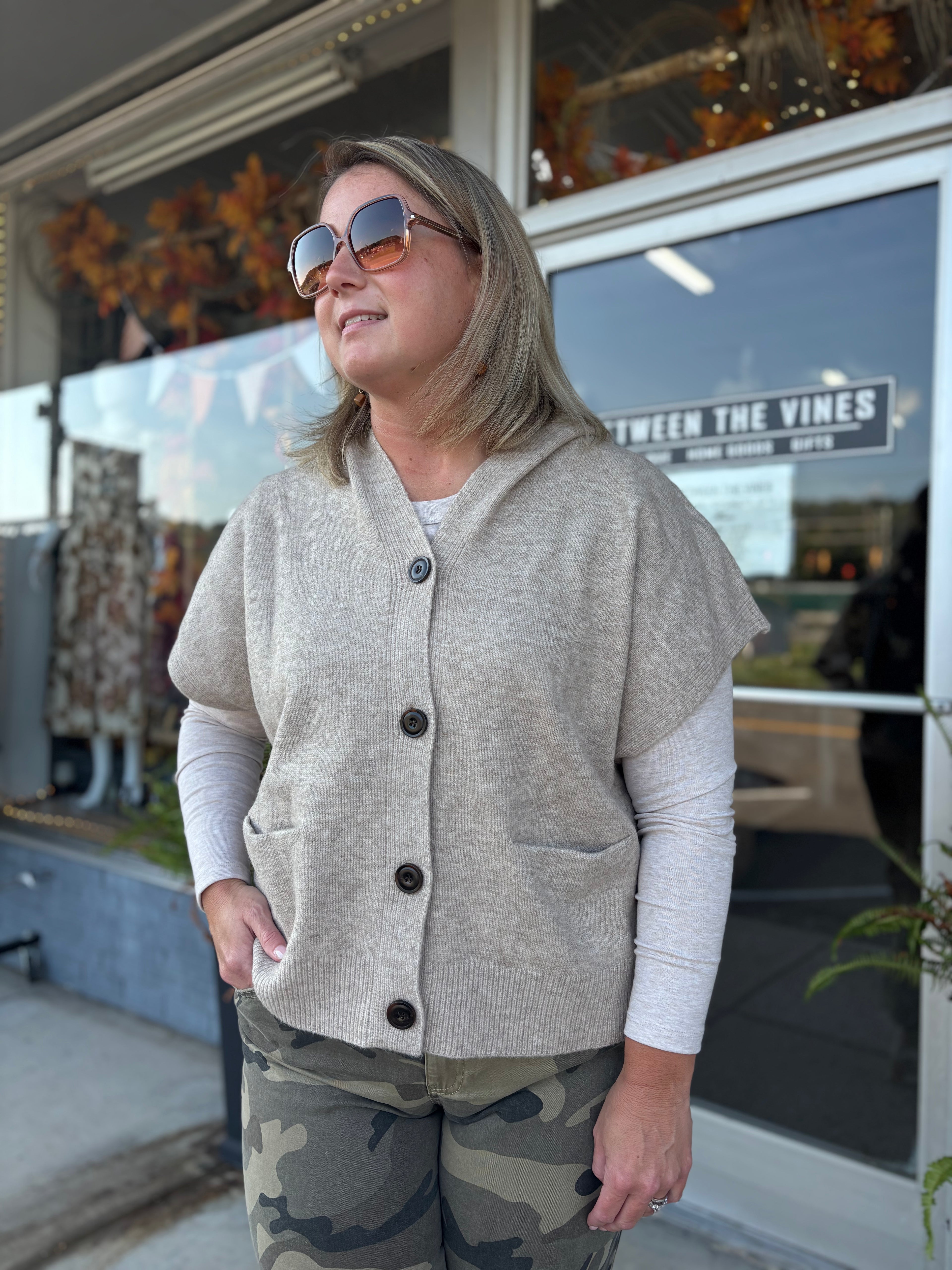 Taupe V-Neck Hooded cardigan