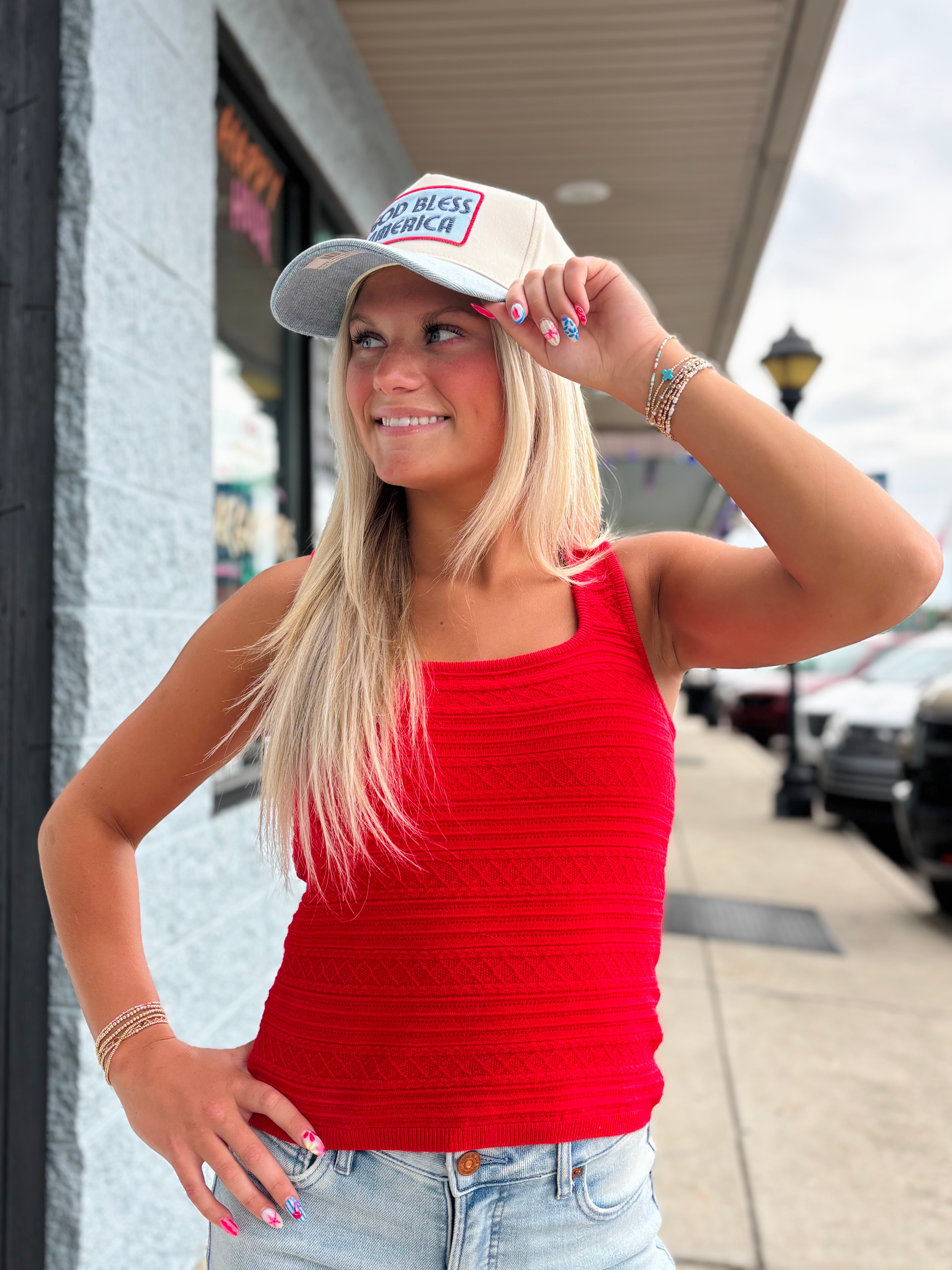 RED Textured Sleeveless Scoop Neck Knit Top