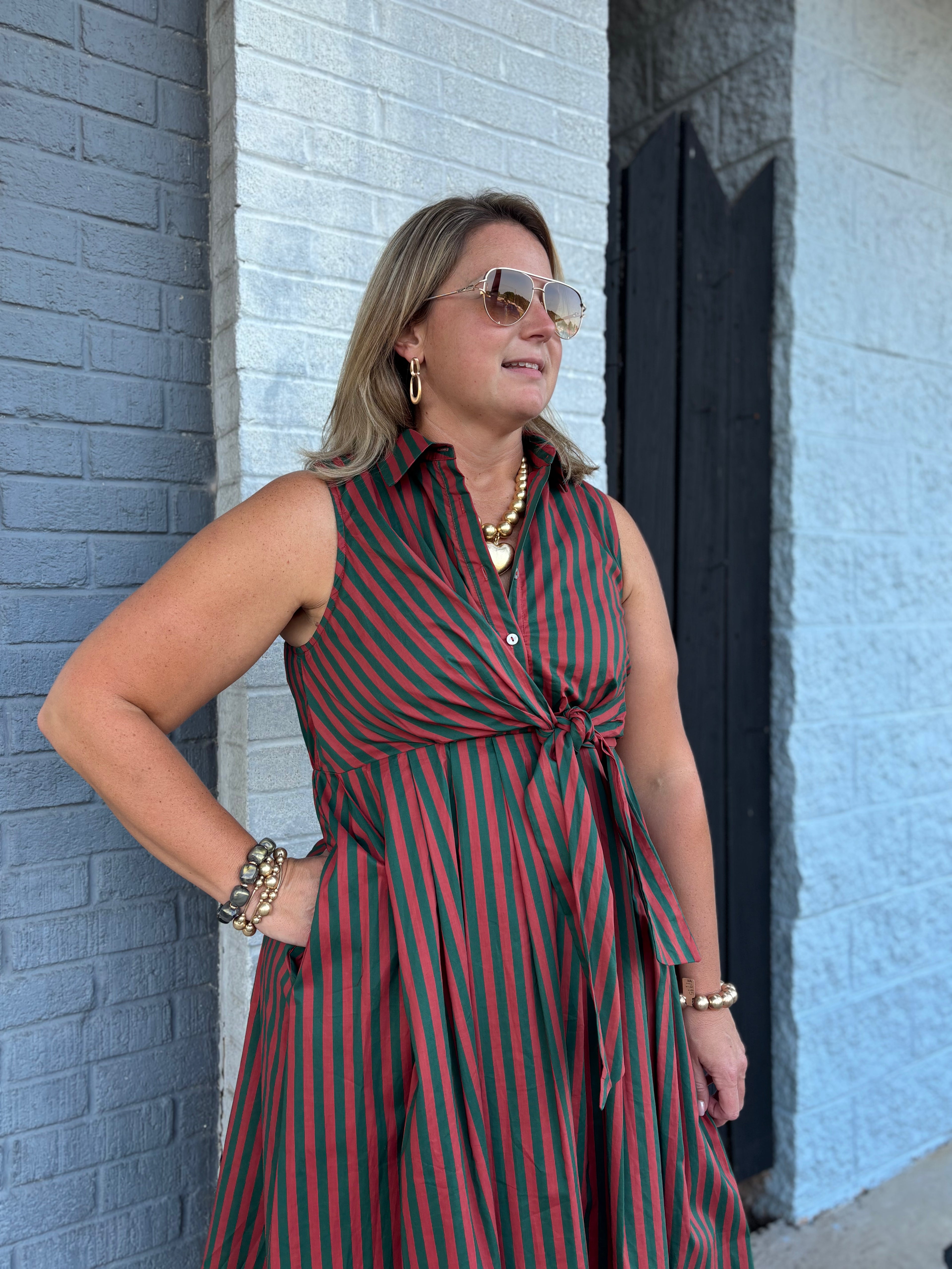 Hunter Green/Rust Striped Sleeveless Dress – ENTRO – view 3