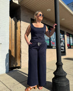 NAVY WHITE Pinstripe Double Waist Wide Leg Trousers