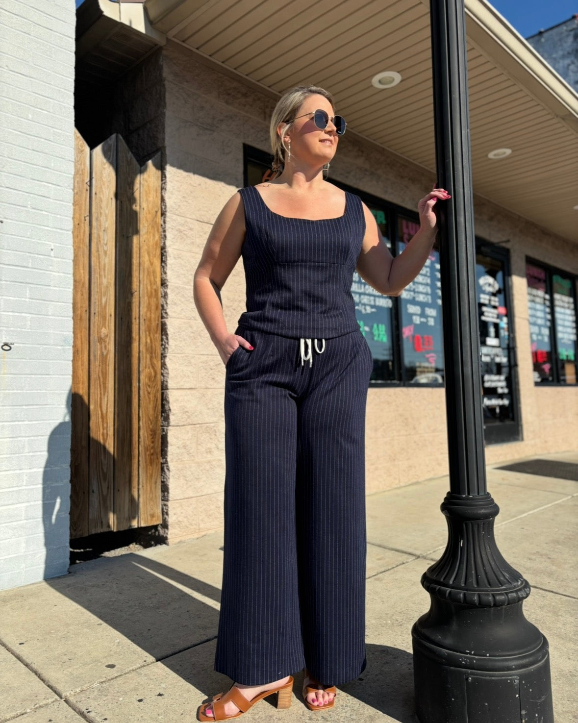 NAVY WHITE Pinstripe Double Waist Wide Leg Trousers