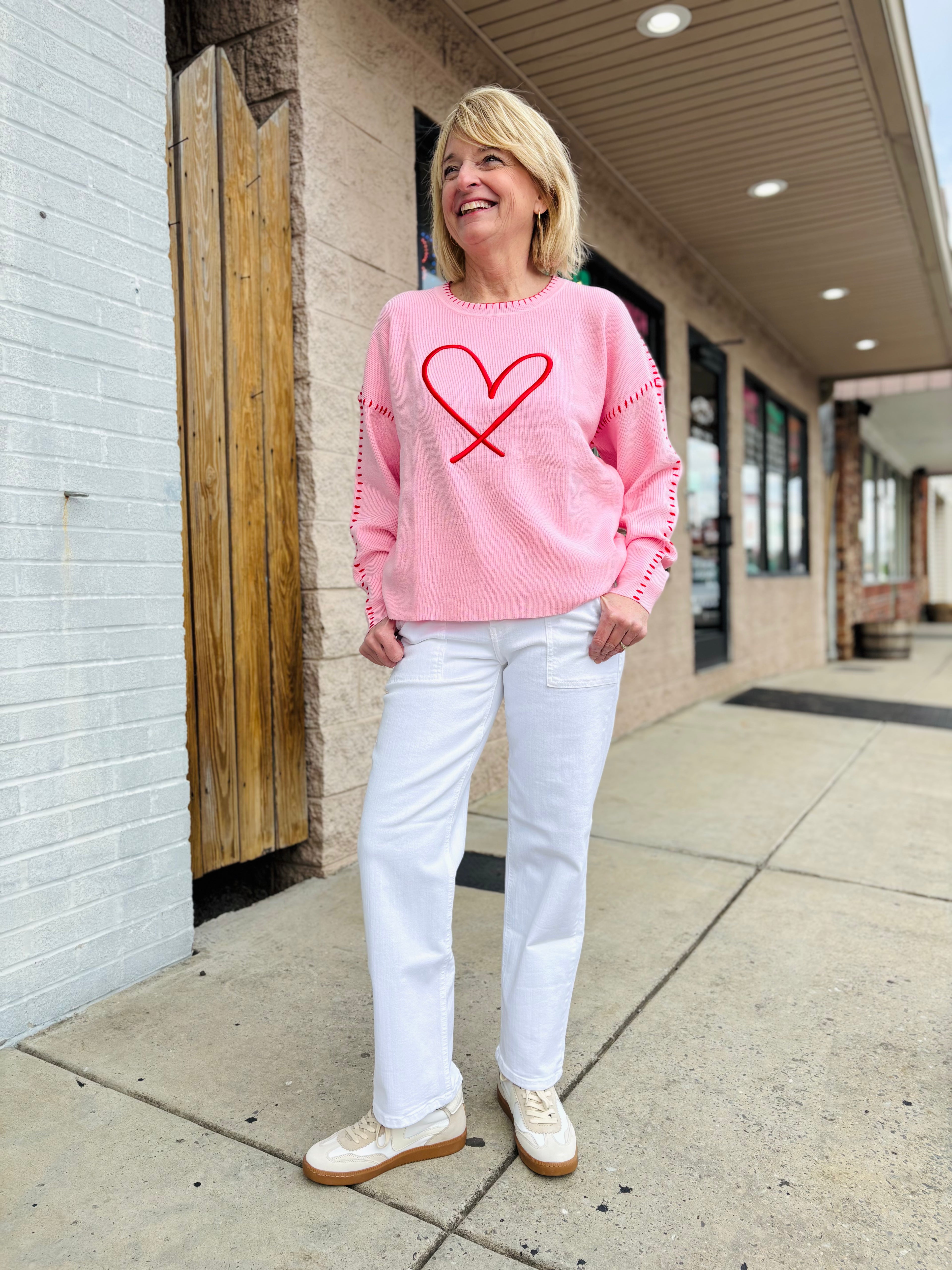 PINK RED HEART EMBROIDERED SWEATER