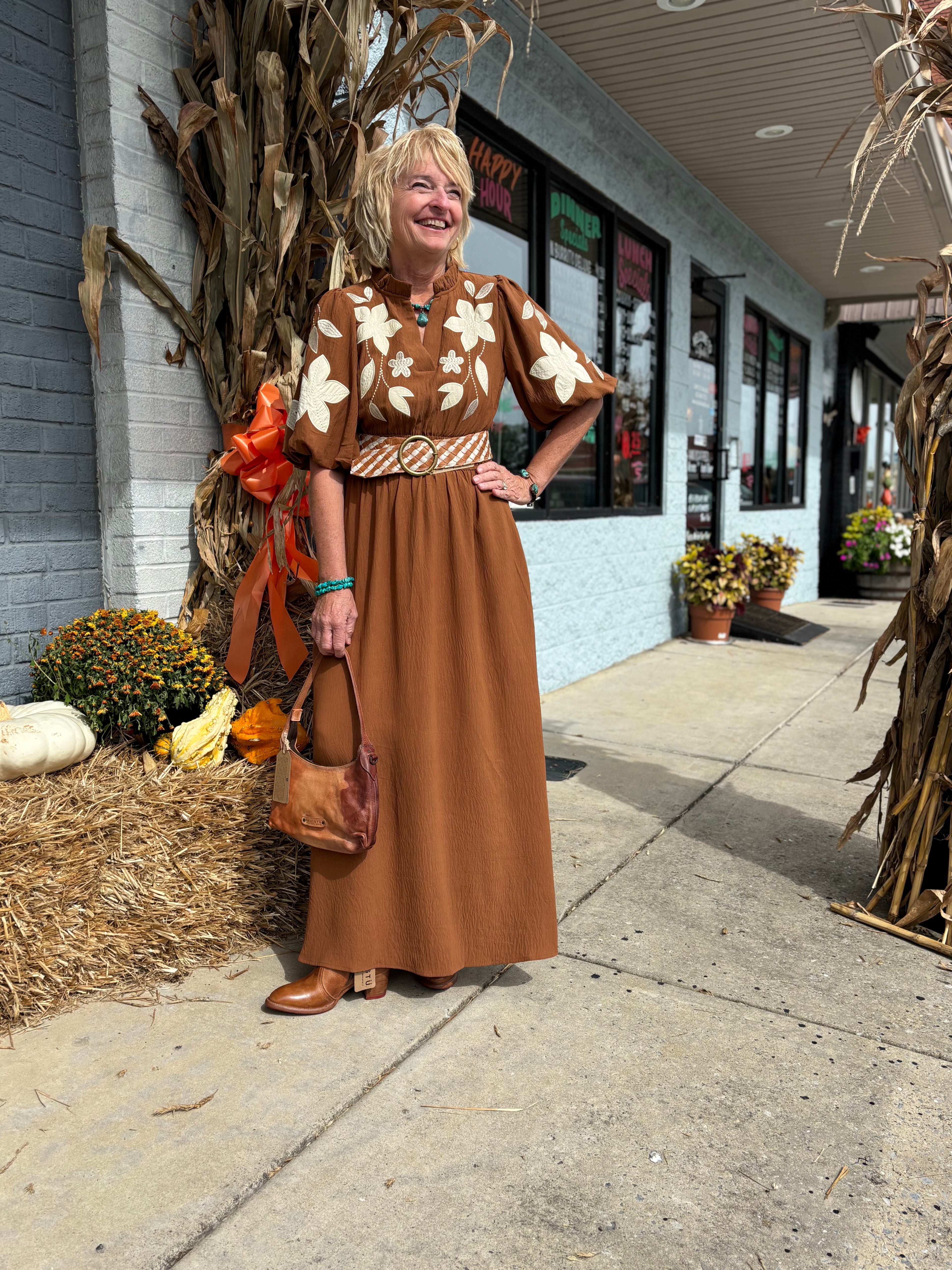 CHESTNUT EMBROIDERED MIDI DRESS W/PUFF SLEEVE,SMOCKED YOKE