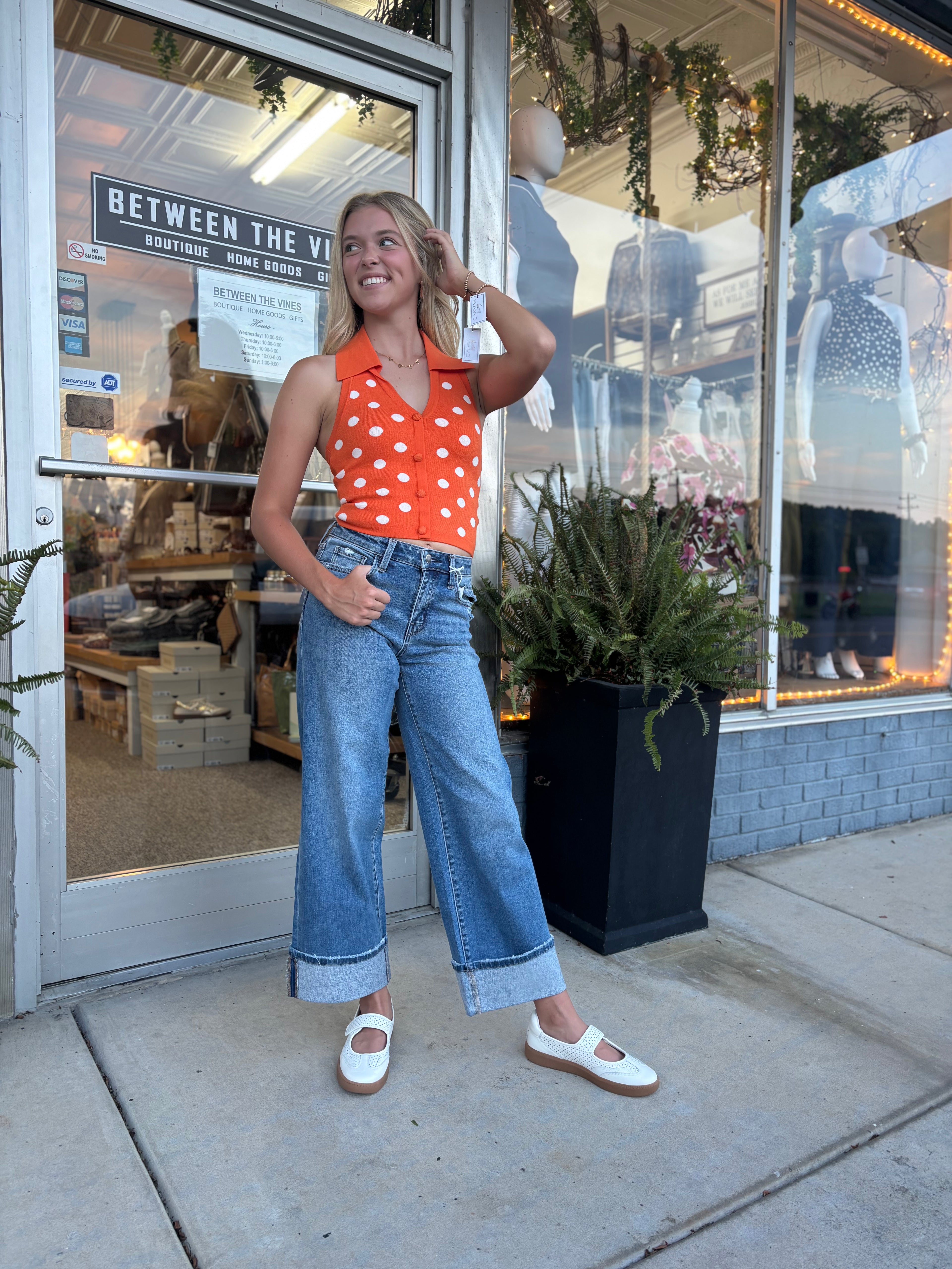 Orange White Dot V-NECK HALTER POLKA DOT KNIT SWEATER TOP