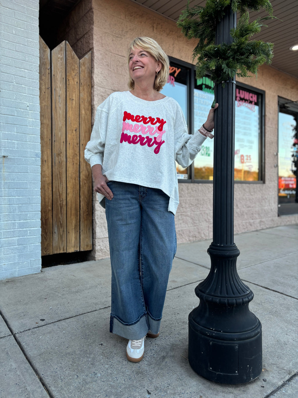 TWINKLE GREY MERRY EMBROIDERED HIGH LOW PULLOVER SWEATSHIRT