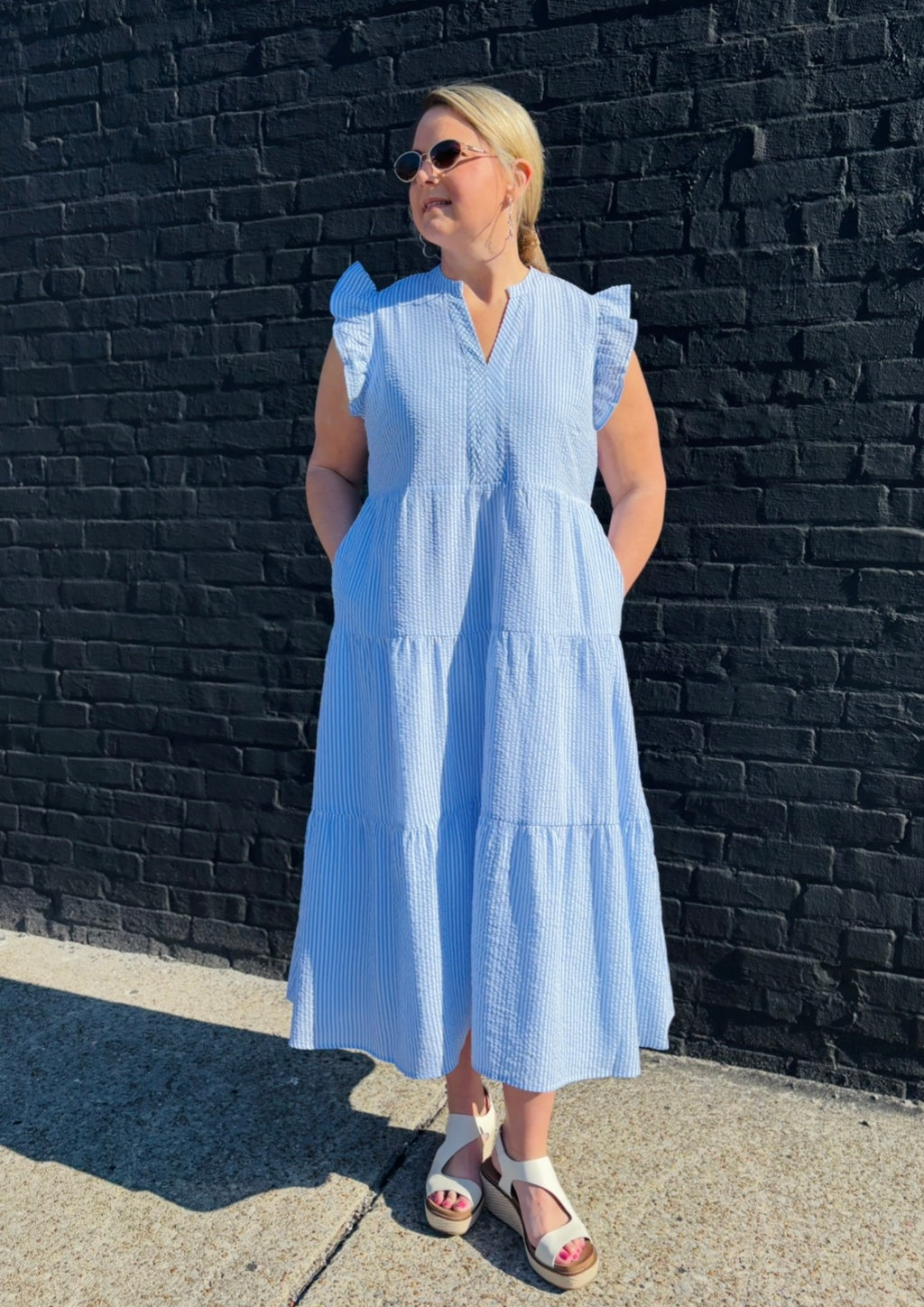 Kari Seersucker Dress | Blue + White