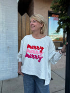 TWINKLE GREY MERRY EMBROIDERED HIGH LOW PULLOVER SWEATSHIRT