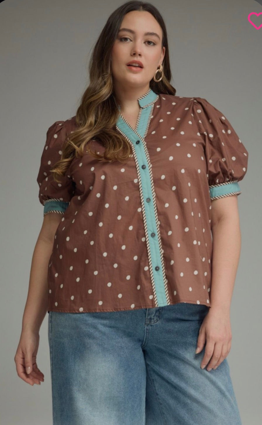 Plus Chocolate/Turquoise Polka Dot Top