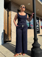 NAVY WHITE Sleeveless Pinstripe Square Neck Fitted Top