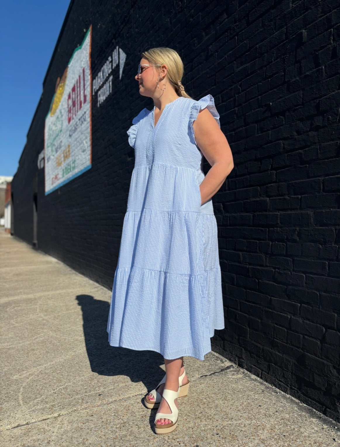 Kari Seersucker Dress | Blue + White - Small